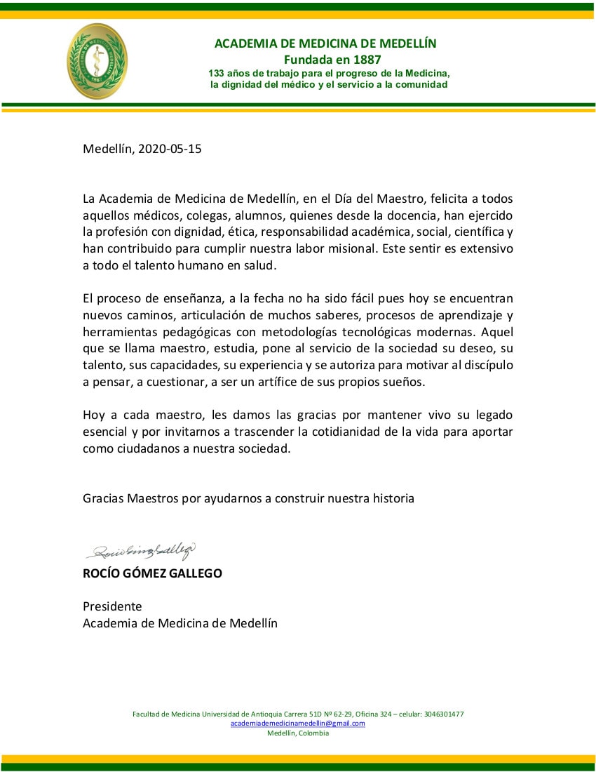 Academia de Medicina de Medellín-Felicitaciones-Día del maestro