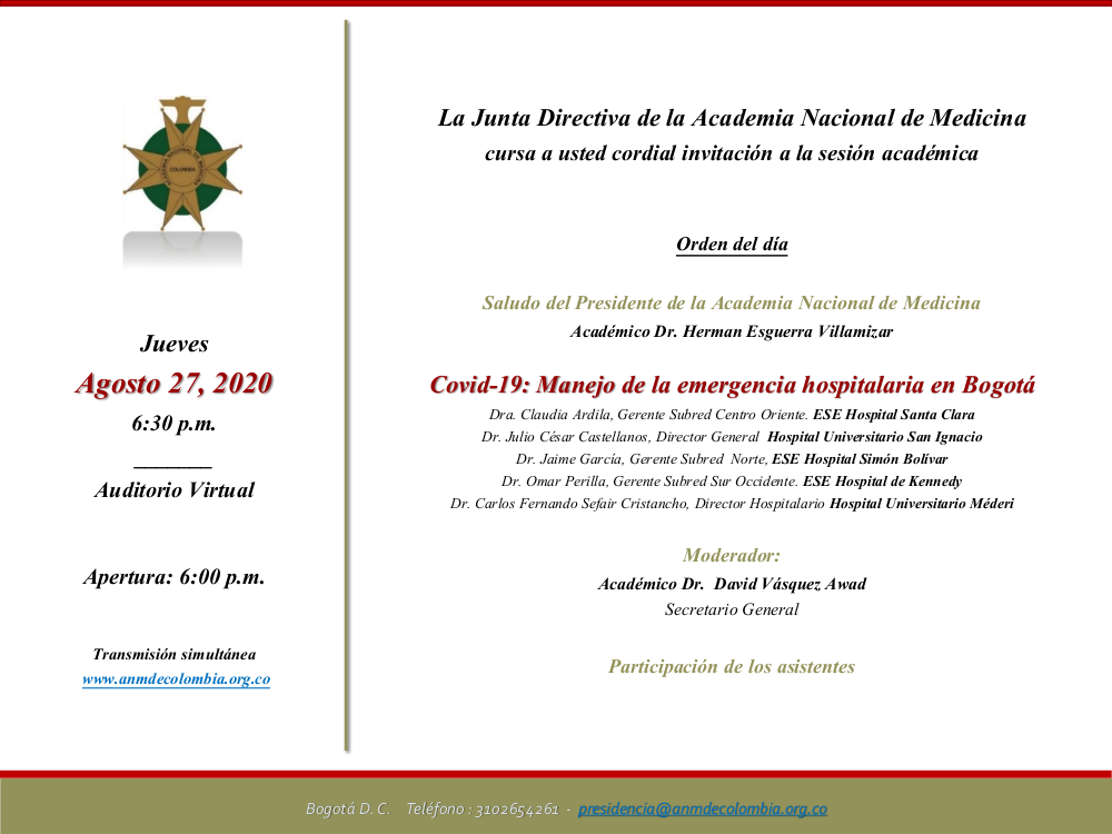Invitación-Sesión Académica Agosto 27 - Covid-19. Manejo de la emergencia hospitalaria en Bogotá