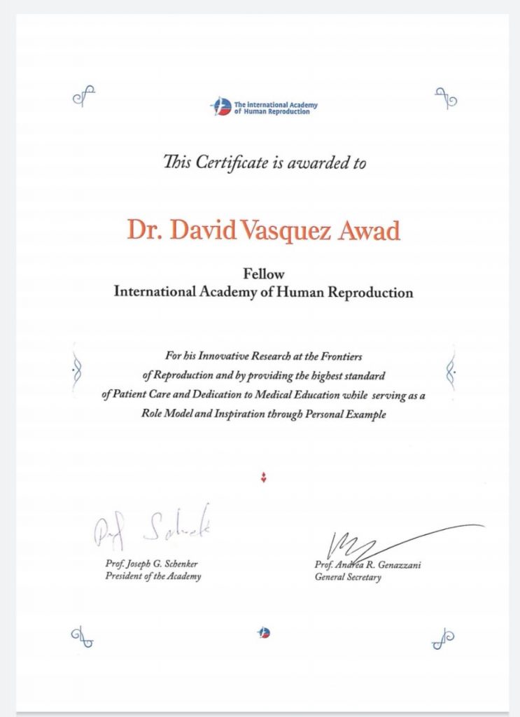 Certificado Dr. Vásquez International como Miembro de la Academy of Human Reproduction