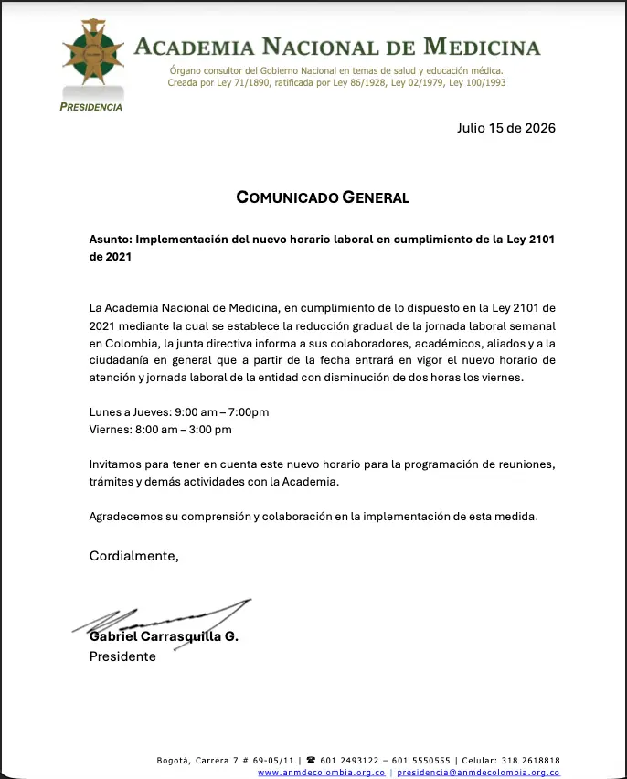 Comunicado institucional con el nuevo horario laboral de la Academia Nacional de Medicina.