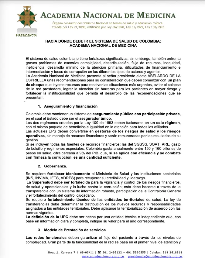 Portada del documento “Hacia dónde debe ir el sistema de salud de Colombia”.
