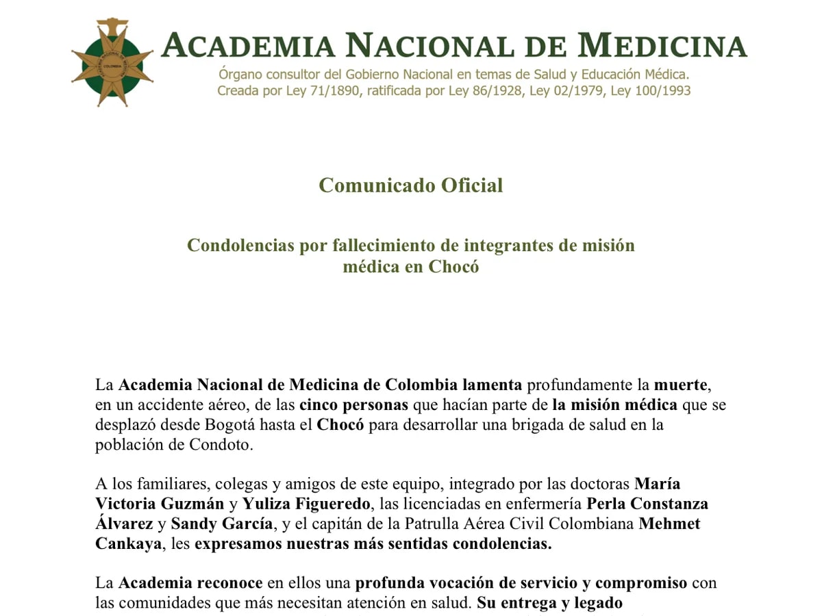 Comunicado oficial de la Academia Nacional de Medicina: condolencias por el fallecimiento de integrantes de misión médica en Chocó.