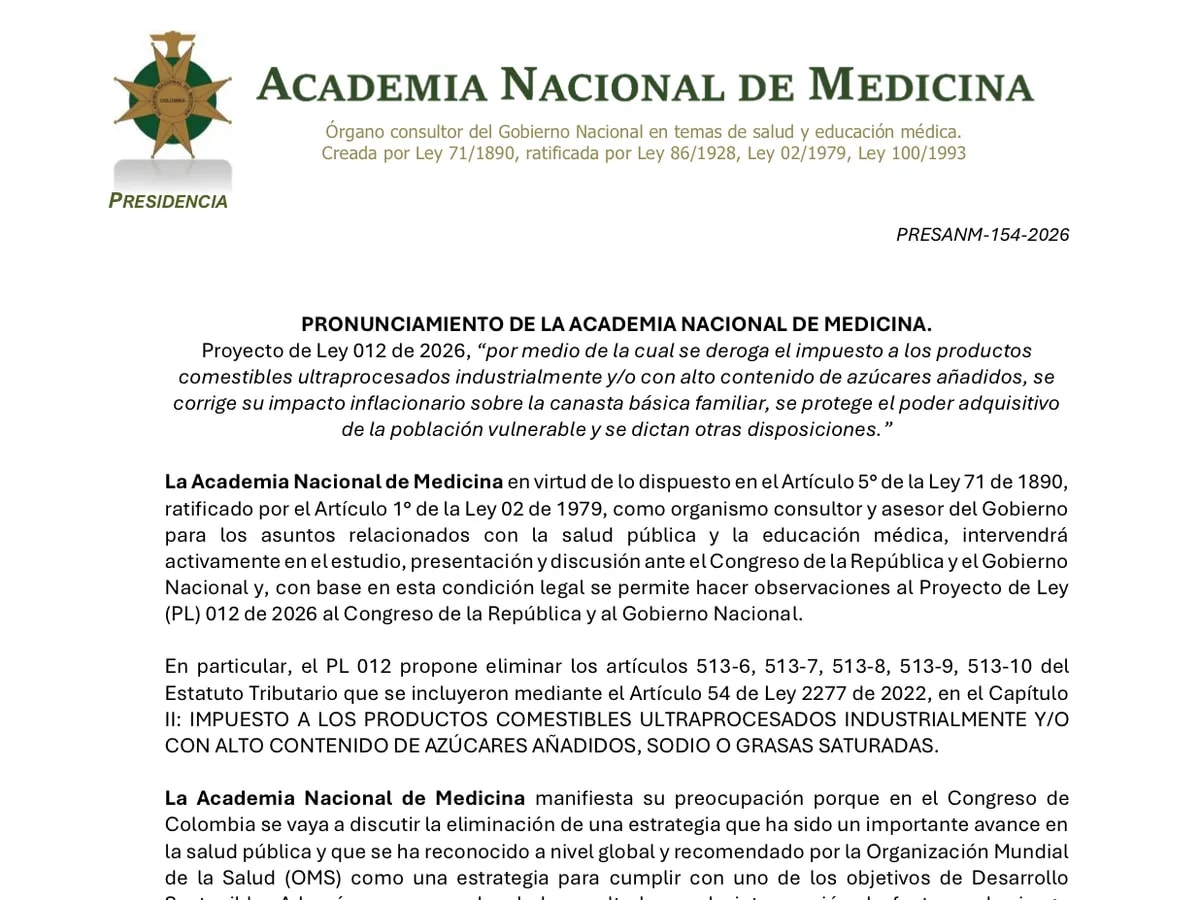 Primera página del pronunciamiento de la Academia Nacional de Medicina sobre el Proyecto de Ley 012 de 2026, que propone derogar el impuesto a los productos ultraprocesados.