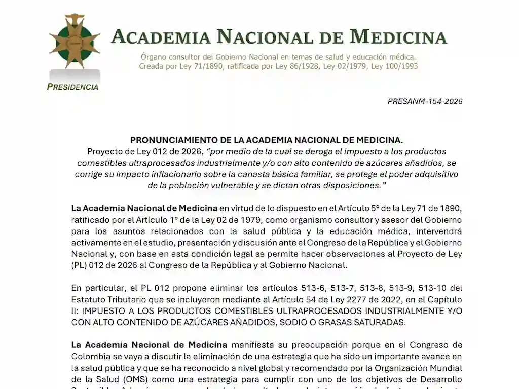 Primera página del pronunciamiento de la Academia Nacional de Medicina sobre el Proyecto de Ley 012 de 2026, que propone derogar el impuesto a los productos ultraprocesados.